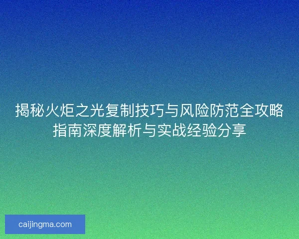 揭秘火炬之光复制技巧与风险防范全攻略指南深度解析与实战经验分享
