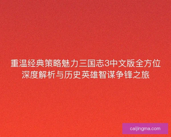 重温经典策略魅力三国志3中文版全方位深度解析与历史英雄智谋争锋之旅